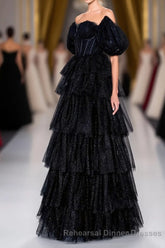 Saprkly Black Off-Shoulder Puff Sleeves Layers Long Semi Formal Prom Dress